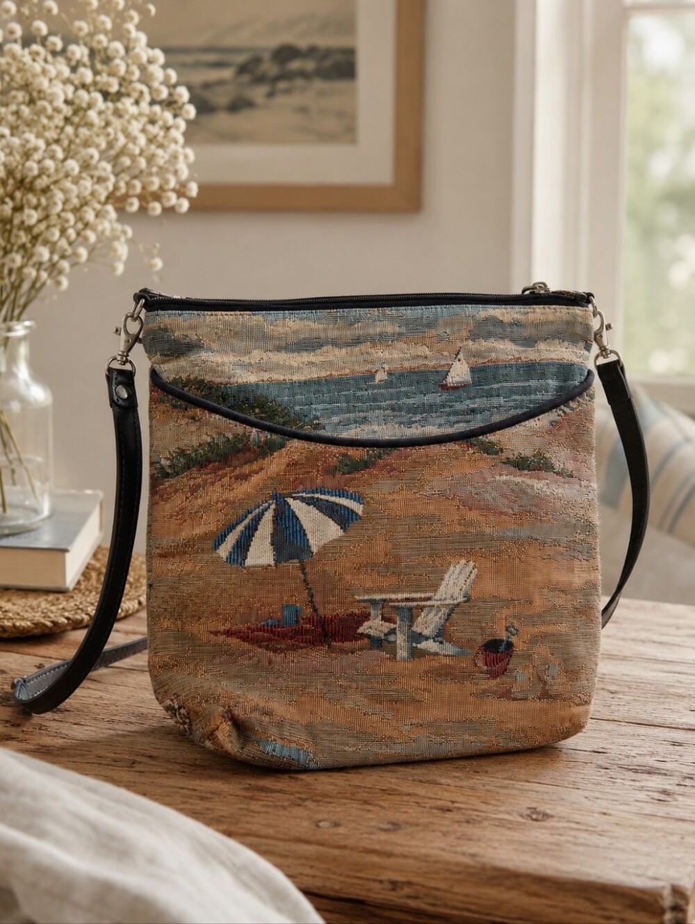 Vintage Danny K Tapestry Multi-Neutral Beach Scene Chair Umbrella Crossbody Bag